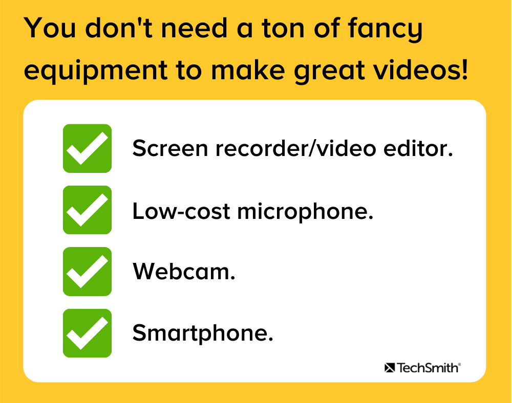 Você não precisa de muitos equipamentos sofisticados para fazer ótimos vídeos. Você pode começar com apenas um gravador de tela/editor de vídeo, microfone de baixo custo, webcam e um smartphone.