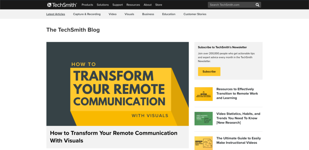 Capture d'écran de la page d'accueil du blog TechSmith.