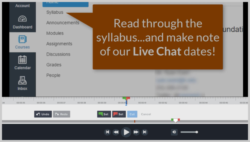 Esempio di video di navigazione del corso con un callout che ricorda agli studenti di leggere il programma e prendere nota delle date della chat dal vivo.