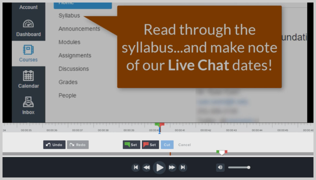 シラバスを読み、ライブチャットの日付をメモするように学生に促すコールアウトを備えたコースナビゲーションビデオの例。