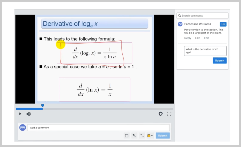 Video oynatılırken gerçek zamanlı olarak sınıf tartışmasını gösteren çevrimiçi kurs videosu örneği.