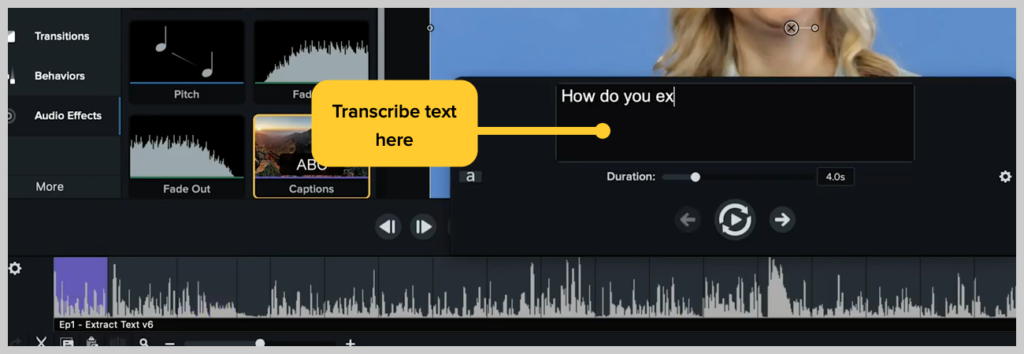لقطة شاشة توضح كيفية إضافة عنوان فرعي أو تسمية توضيحية إلى مقطع فيديو في الخطوة الثالثة من برنامج Camtasia
