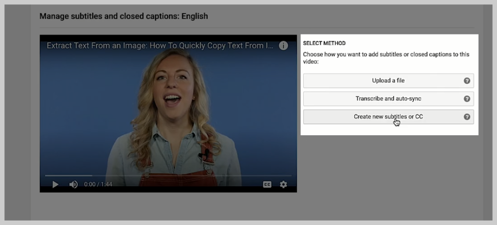 снимок экрана о том, как добавить субтитры или подпись к видео на YouTube, шаг 3