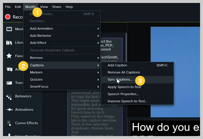 لقطة شاشة توضح كيفية إضافة عنوان فرعي أو تسمية توضيحية إلى مقطع فيديو في الخطوة 9 من برنامج Camtasia