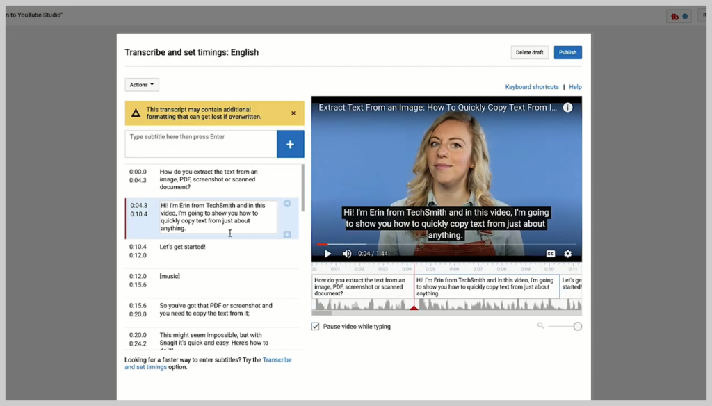 screenshot di come aggiungere un sottotitolo o una didascalia a un video nel passaggio 5 di YouTube