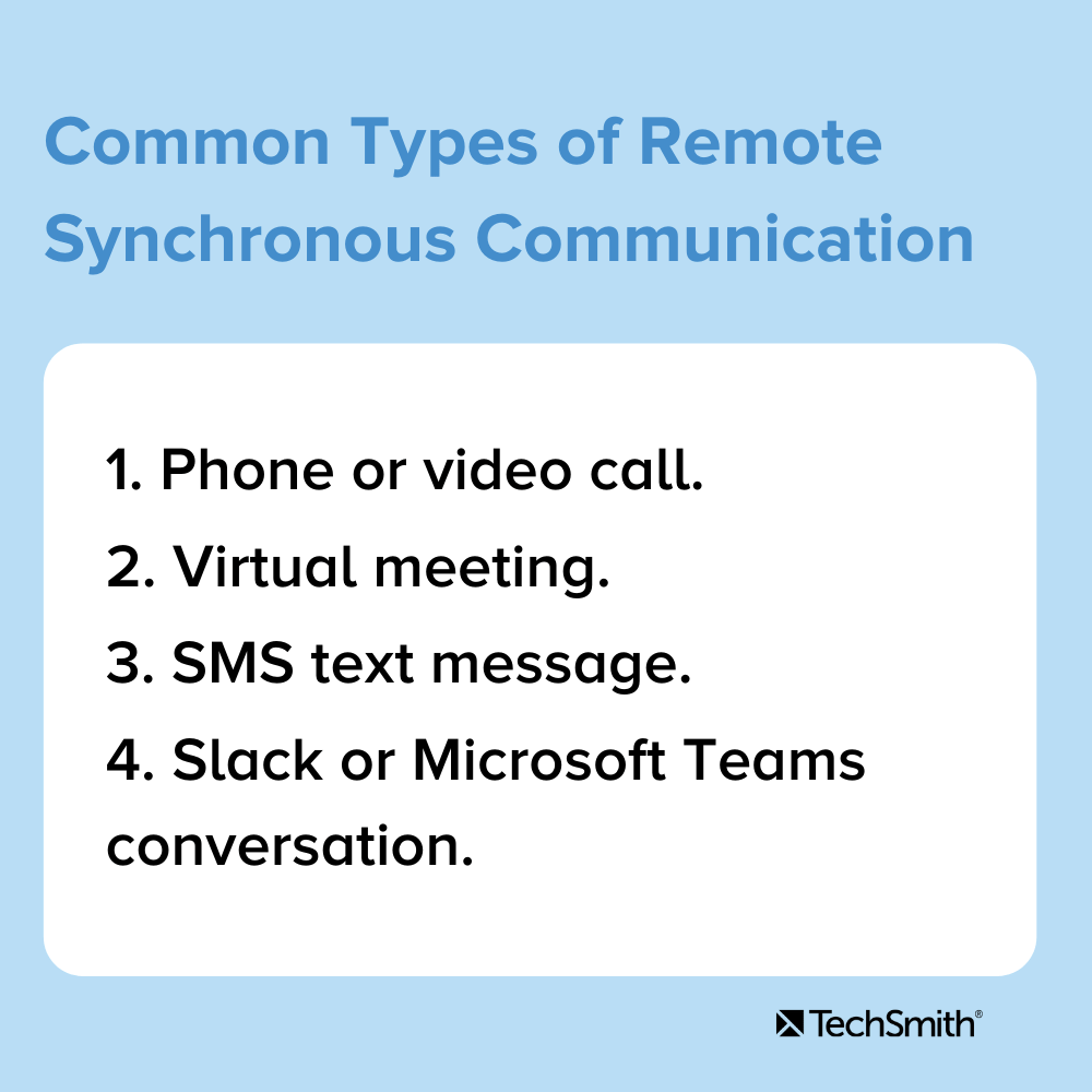 Tipos comunes de comunicación sincrónica remota 1. Llamada telefónica o videollamada 2. Reunión virtual 3. Mensaje de texto SMS 4. Conversación de Slack o Microsoft Teams.