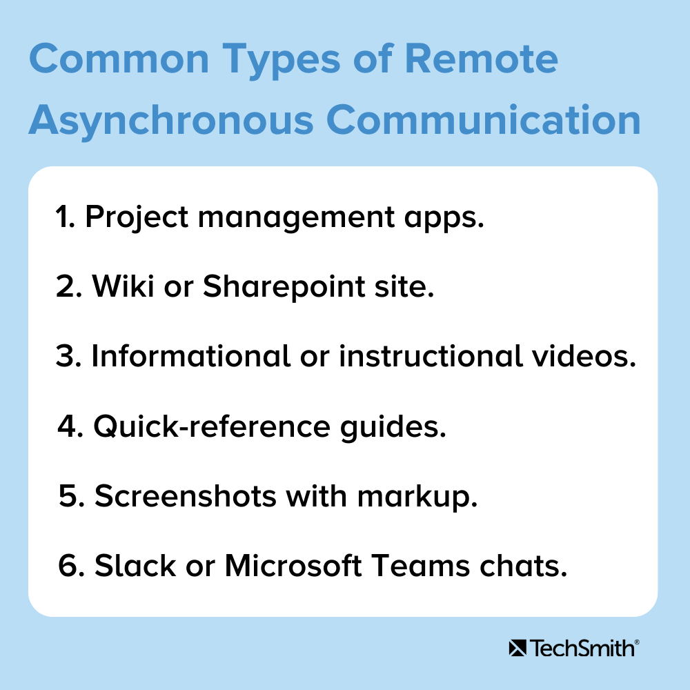 Tipos comuns de comunicação assíncrona remota 1. Aplicativos de gerenciamento de projetos 2. Wiki ou site do SharePoint 3. Vídeos informativos ou instrutivos 4. Guias de referência rápida 5. Capturas de tela com marcação 6. Slack ou bate-papos do Microsoft Teams.