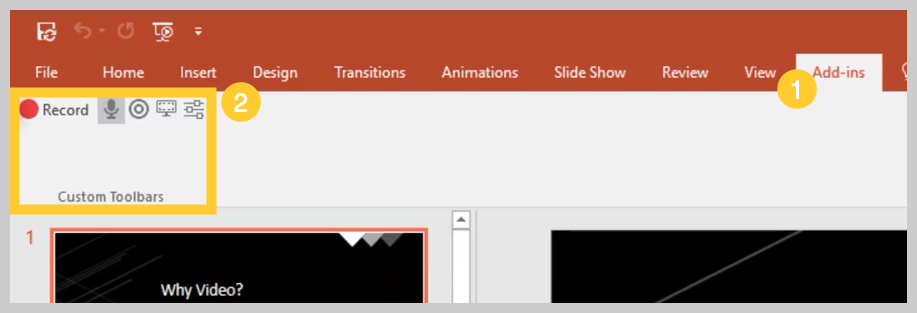 Captură de ecran a modului de înregistrare a unei prezentări PowerPoint cu bara de instrumente Camtasia add-in