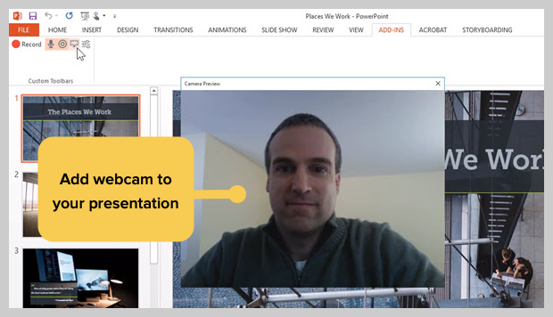 Screenshot vom Hinzufügen einer Webcam zu einer Präsentationsaufzeichnung