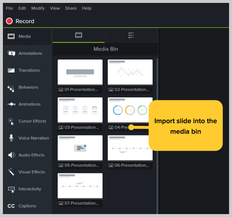 tangkapan layar slide powerpoint di bin media camtasia