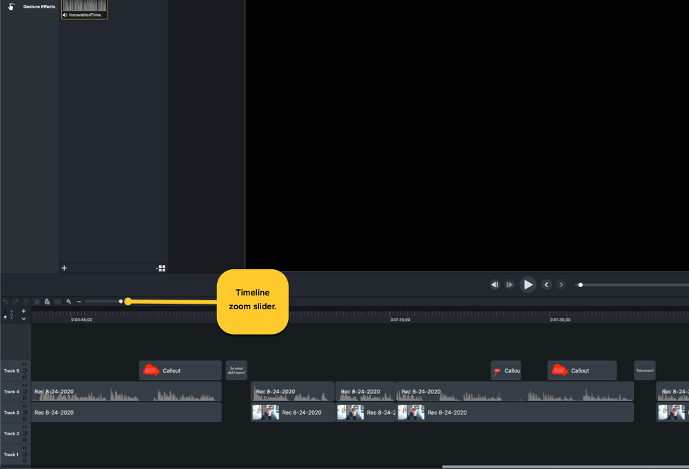 Zeigt die Position des Zoom-Schiebereglers der Camtasia-Timeline in der unteren linken Ecke des Camtasia-Fensters direkt über der Timeline.