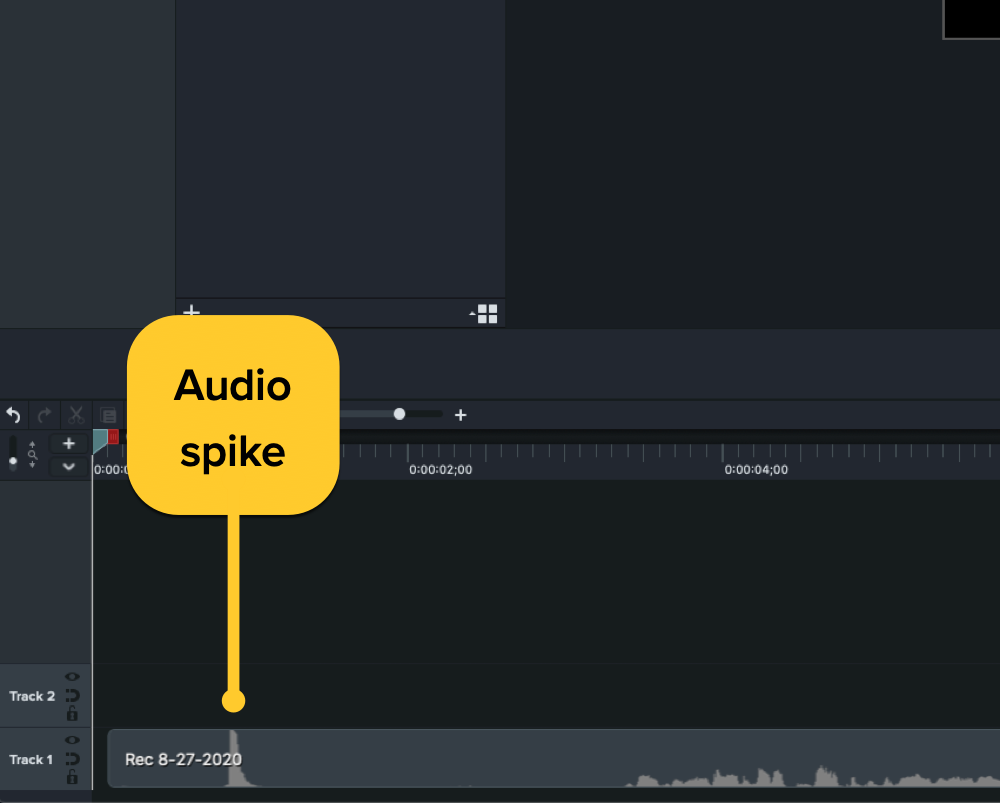Mostrando como é um pico de áudio no arquivo de áudio na linha do tempo do Camtasia.