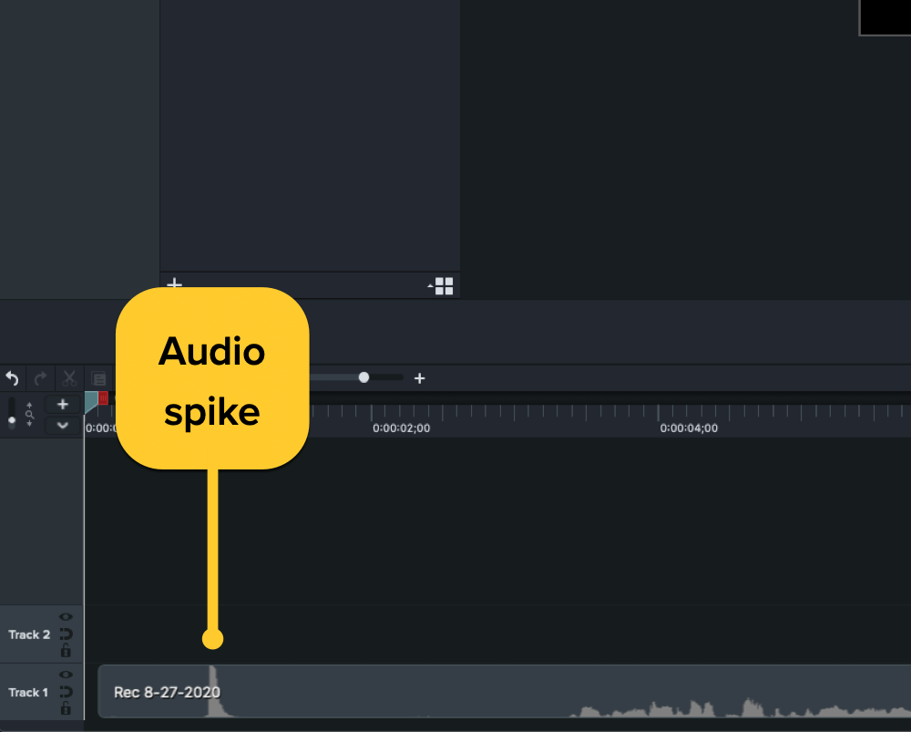 Camtasia zaman çizelgesindeki ses dosyasında bir ses artışının nasıl göründüğünü gösteriyor.