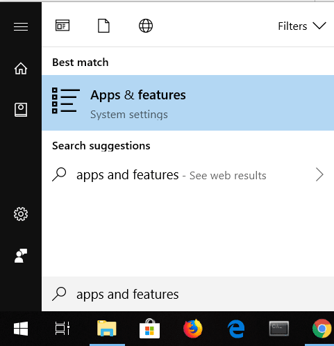 在搜索中输入应用程序和功能 |在 Windows 10 PC 上禁用 OneDrive
