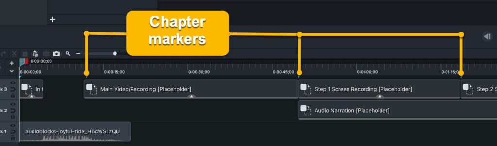 Interface do Camtasia mostrando marcadores de capítulo na linha do tempo.