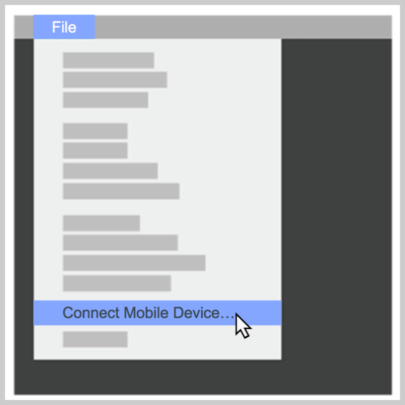 เมนูไฟล์ซอฟต์แวร์ที่มีตัวเลือกส่วนใหญ่ถูกลบออกผ่านกราฟิกแบบง่าย เพื่อแสดงตัวเลือก Connect Mobile Device