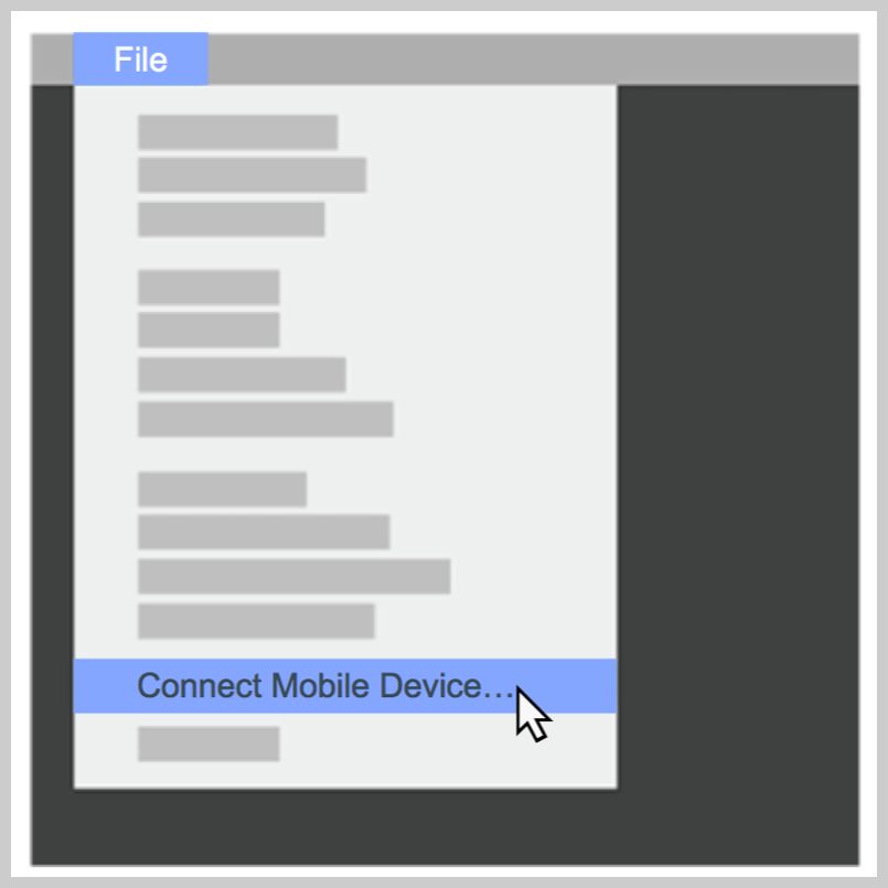 Software-Dateimenü, bei dem die meisten Optionen über vereinfachte Grafiken entfernt wurden, um die Option „Mobilgerät verbinden“ anzuzeigen.