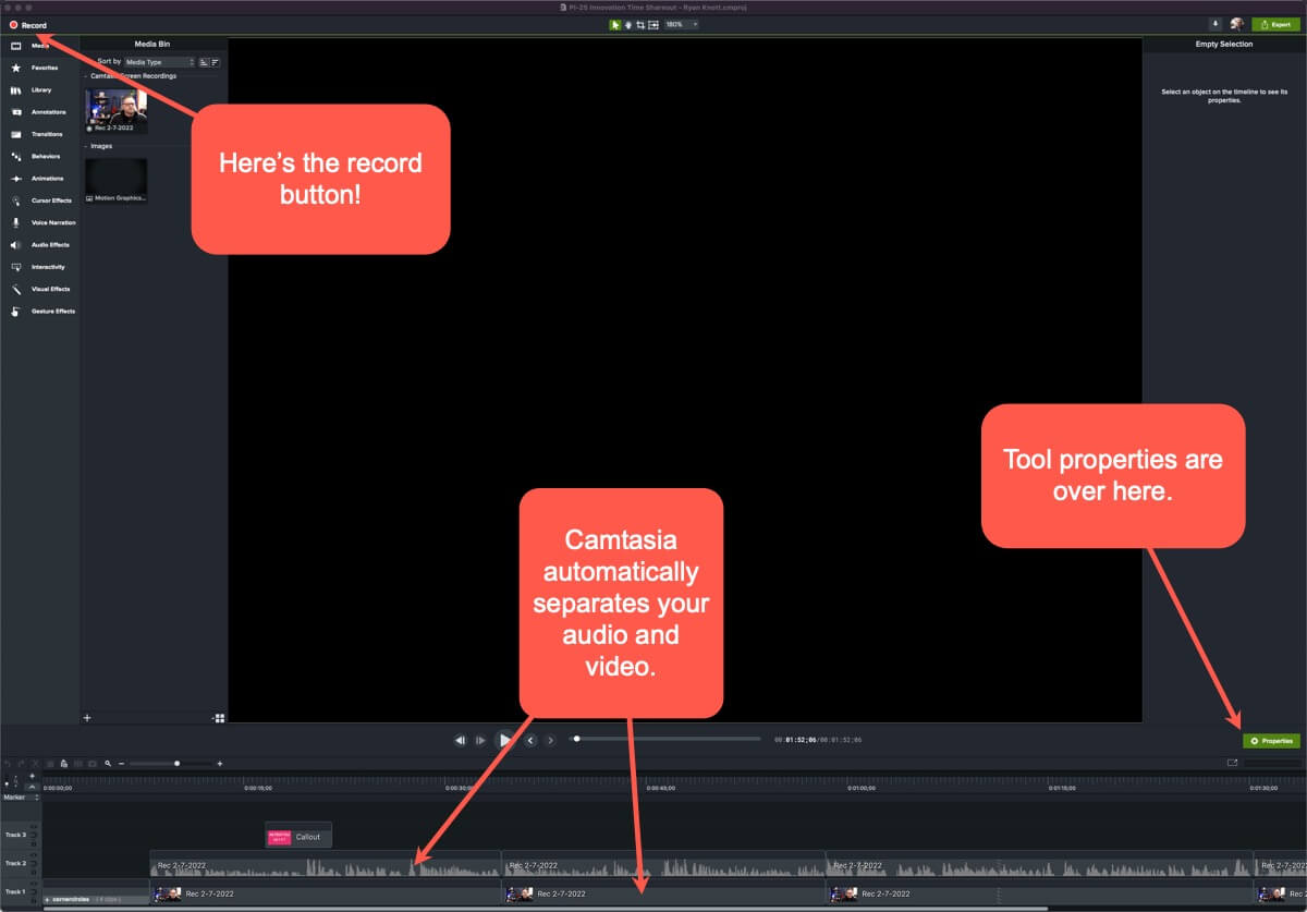 Screenshot der Camtasia-Benutzeroberfläche mit Anmerkungen, die die Positionen der Aufnahmeschaltfläche, der Zeitachse und der Werkzeugeigenschaften zeigen.