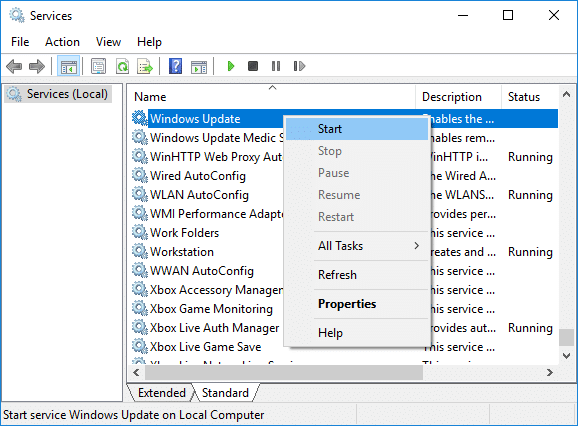 右键单击 Windows 更新服务,然后选择开始