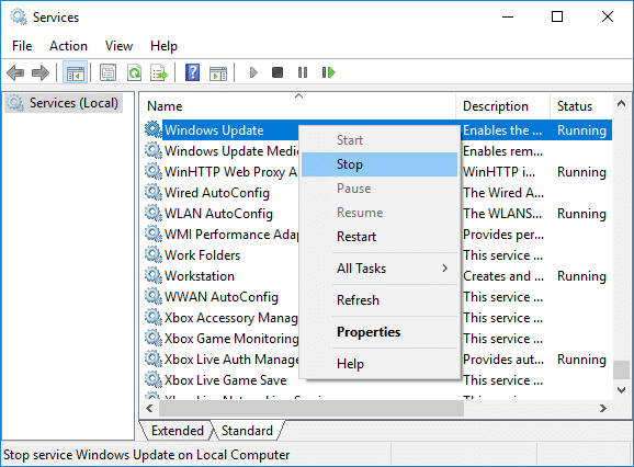 右键单击 Windows 更新服务并选择停止