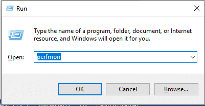 在运行对话框中键入 perfmon,然后按 Enter