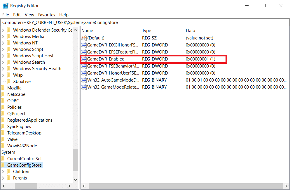 Double-cliquez sur l'option GameDVR Enabled dans le dossier GameConfigStore
