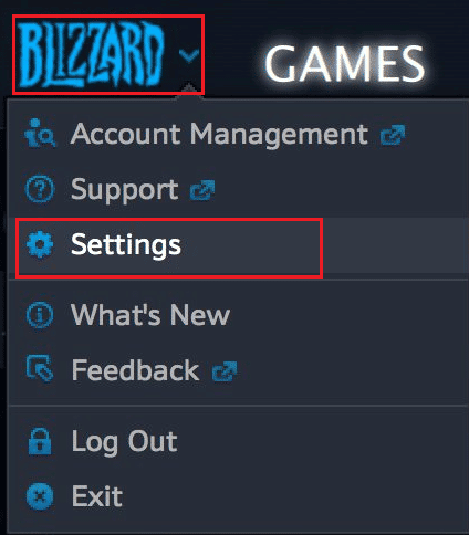 cliquez sur le logo Blizzard et cliquez sur l'option Paramètres