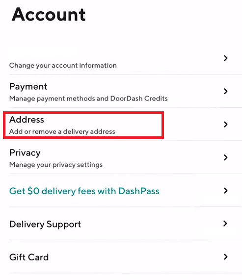 Stuknij w opcję Adres | Jak zmienić lokalizację DoorDash?