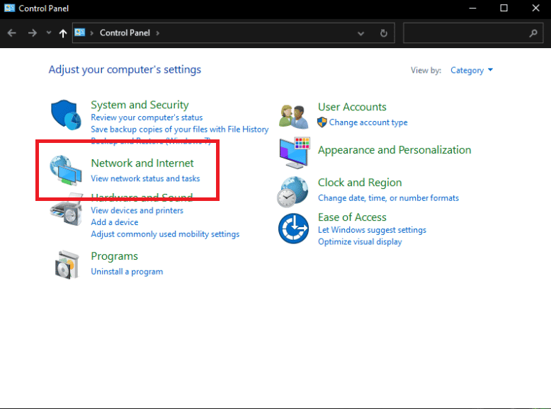 Ağ ve İnternet'e tıklayın. Windows 10'da Warframe Hatası 10054'ü Düzeltin
