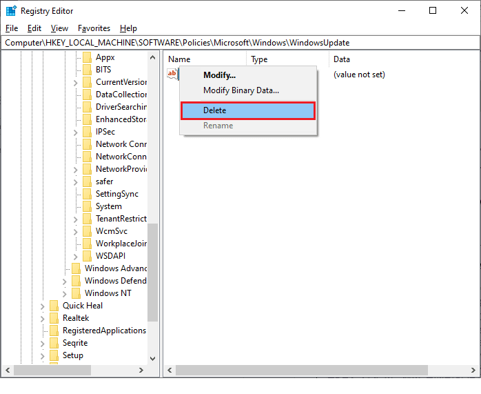 fare clic su Elimina. Correggi l'errore di aggiornamento 0x80070bcb Windows 10