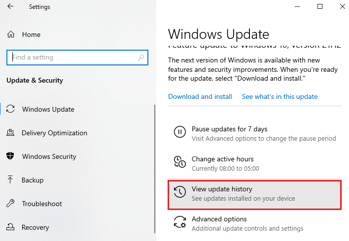 fare clic sull'opzione Visualizza cronologia aggiornamenti. Correggi l'errore di aggiornamento 0x80070bcb Windows 10