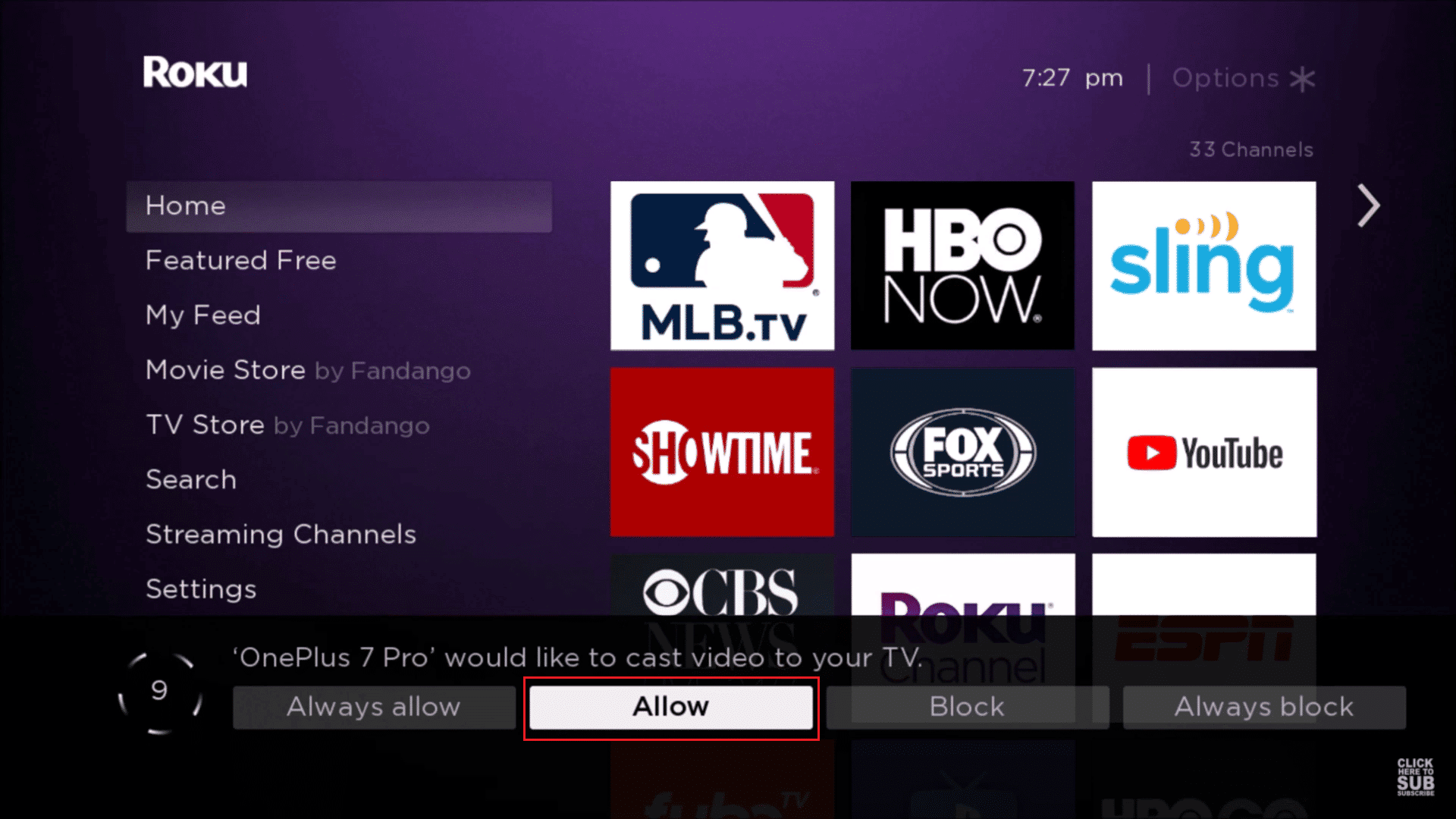 Wählen Sie Zulassen, um ein Gerät im Roku-TV-Player hinzuzufügen. Wie man Roku hackt, um kostenlose Kanäle zu erhalten
