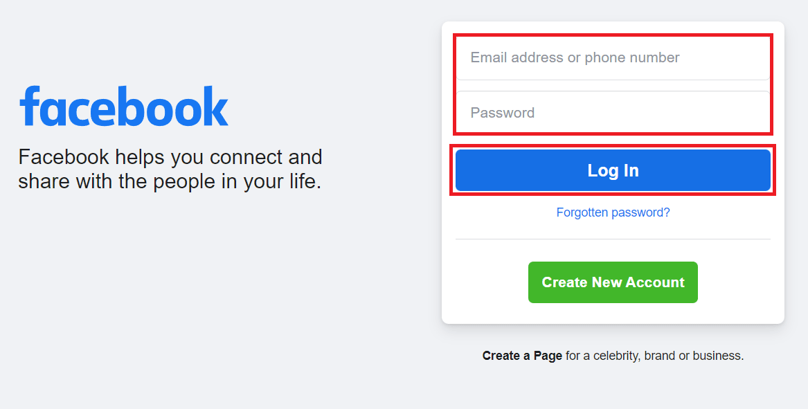 หน้าล็อกอินเฟสบุ๊ค. ป้อนข้อมูลเข้าสู่ระบบ | เวลากิจกรรม Facebook ผิด