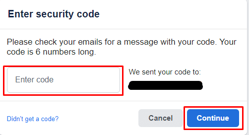 ใส่รหัสเพื่อสร้างรหัสผ่านใหม่และคลิกที่ Continue | กู้คืนบัญชี Facebook เก่า