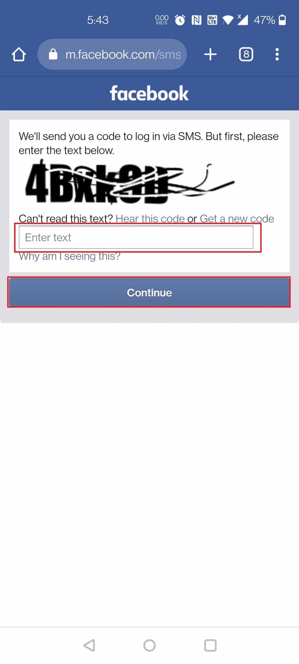 ป้อนข้อความ captcha แล้วแตะที่ Continue | ฉันต้องการบัญชี Facebook เก่าของฉันคืน
