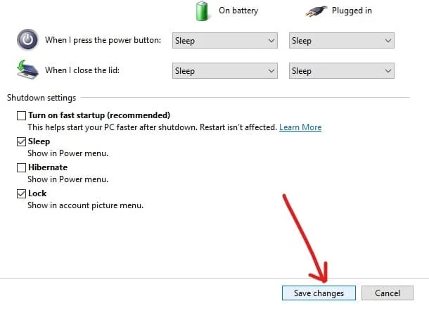 单击保存更改以禁用 Windows 10 中的快速启动