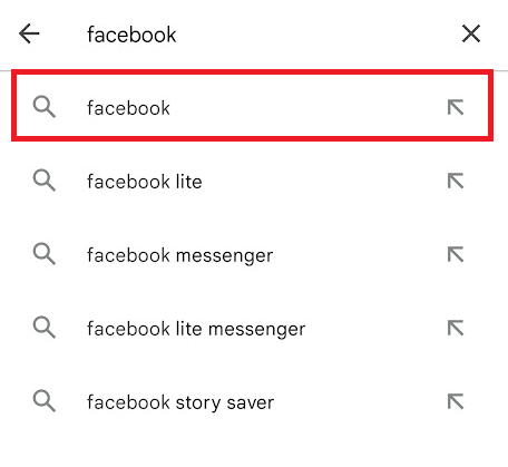 在搜索栏中输入 Facebook 并点击它