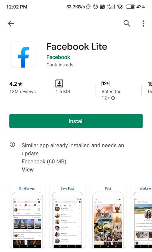 安装最新版本的 Facebook Lite 应用程序