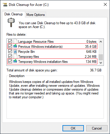Marque a opção Arquivos de instalação temporários do Windows | Corrigir o erro de tela azul da morte (BSOD)