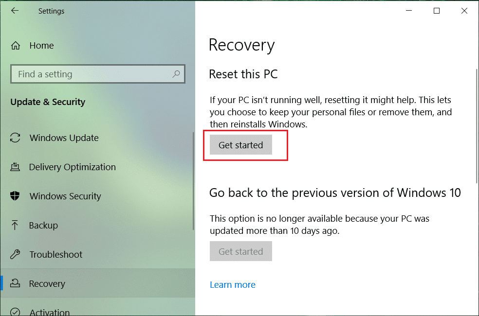 Selecione Recuperação e clique em Começar em Redefinir este PC Selecione Recuperação e clique em Começar em Redefinir este PC