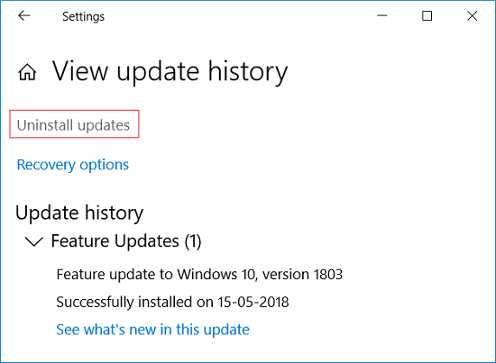Clique em Desinstalar atualizações em visualizar o histórico de atualizações