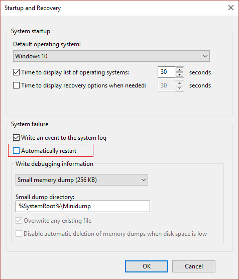 Desabilitar a reinicialização automática em caso de falha do sistema no Windows 10