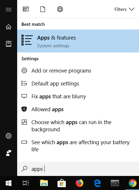 Digite Aplicativos e Recursos na Pesquisa do Windows | Corrigir a calculadora não funciona no Windows 10