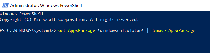 Digite o comando para desinstalar a Calculadora do Windows 10