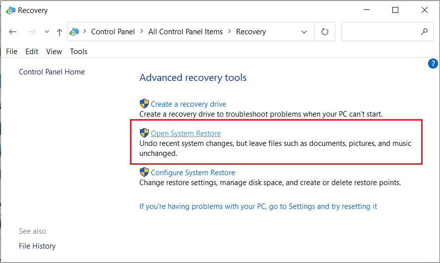 Clique em Abrir Restauração do Sistema em Recuperação | Corrigir a calculadora não funciona no Windows 10