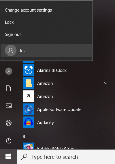 Abra o Menu Iniciar e você verá o ícone do outro usuário | Corrigir a calculadora não funciona no Windows 10