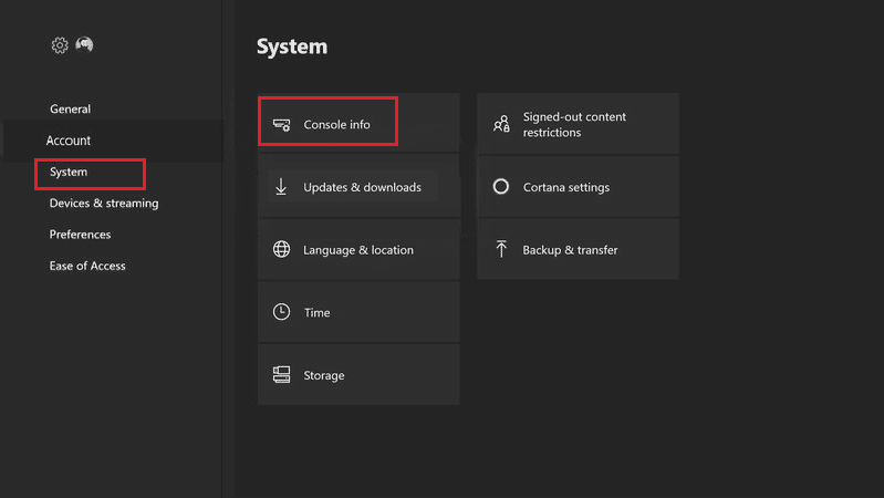 Wählen Sie Systemoption und dann Konsoleninfo in Xbox One. So beheben Sie, dass das Xbox One-Headset nicht funktioniert