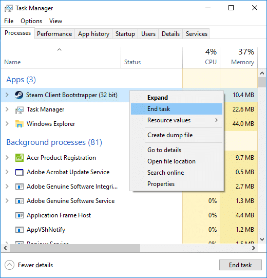 Beenden Sie alle Steam-bezogenen Prozesse im Task-Manager. Beenden Sie alle Steam-bezogenen Prozesse im Task-Manager