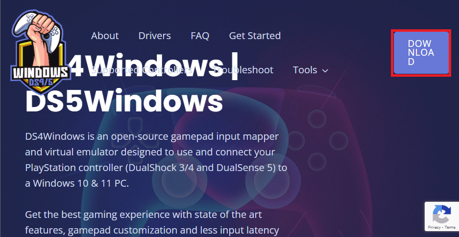 Öffnen Sie die DS4Windows-Website und klicken Sie auf die Schaltfläche DOWNLOAD