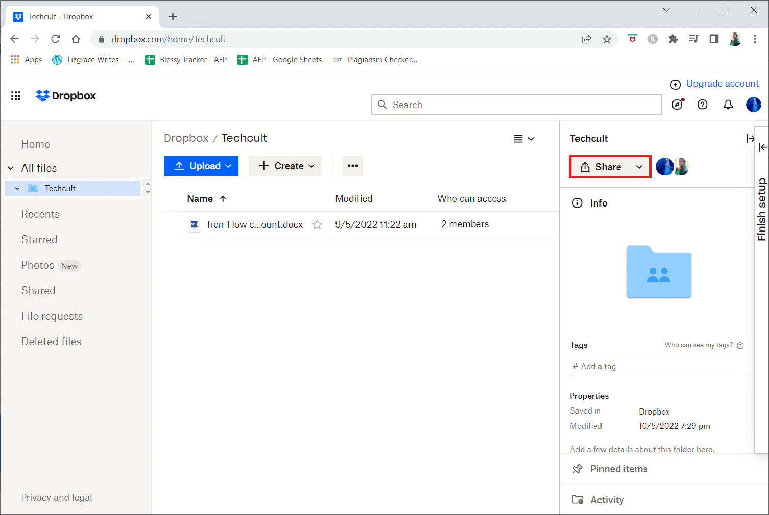 Cliquez sur Partager dans le volet de droite | comment supprimer un compte Dropbox